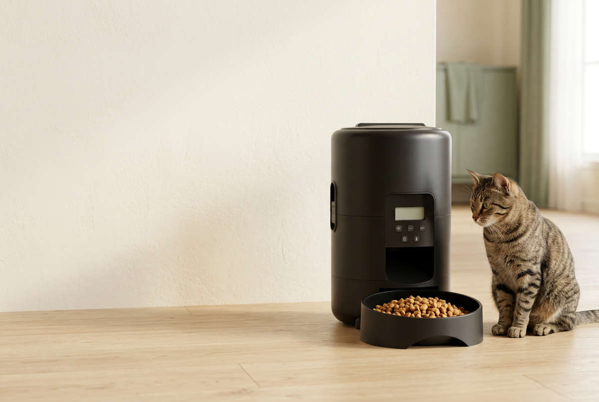 FeedMate homepage banner with a cat in a warm modern home